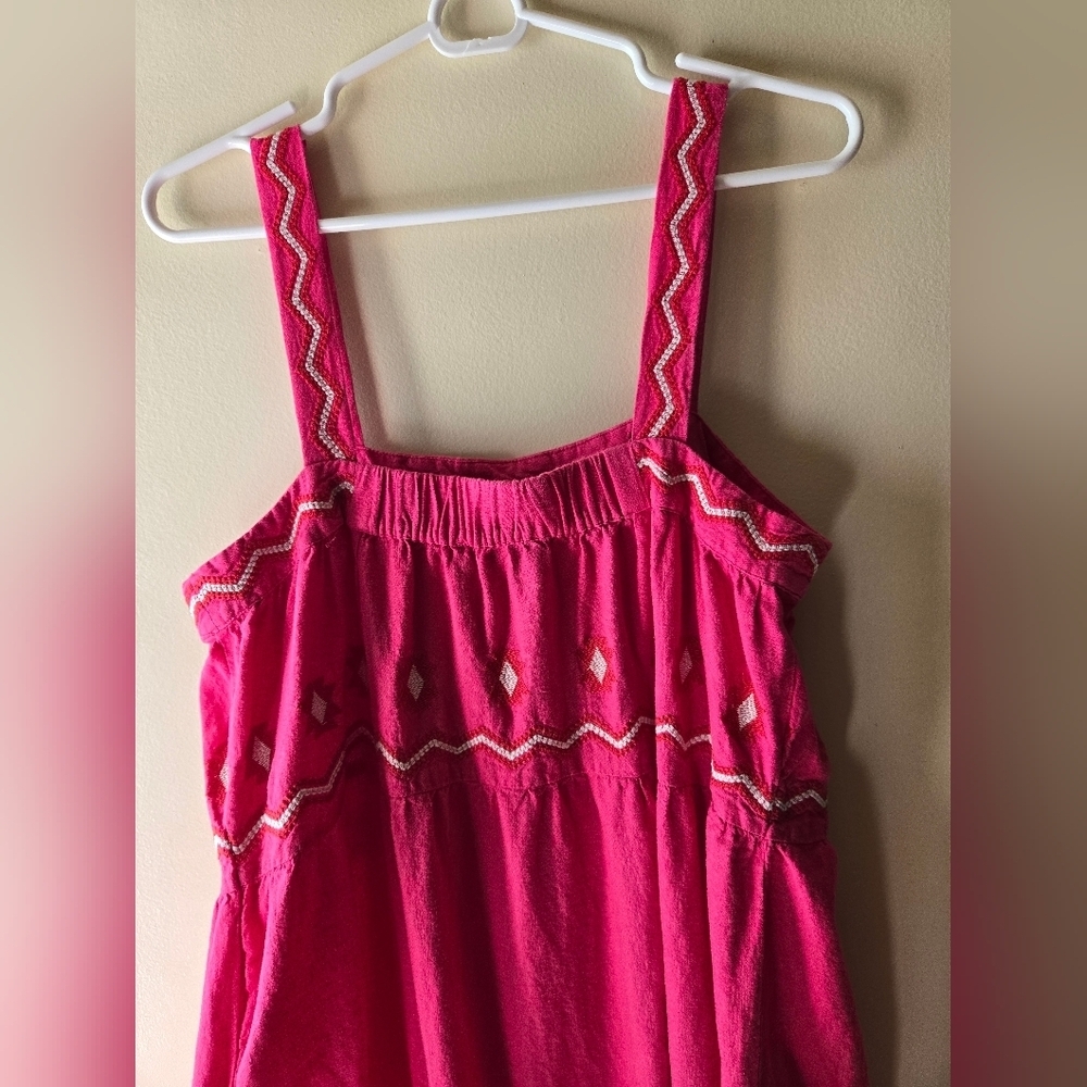 LOFT Bright Pink Midi Dress with Embroidered Tiered Square Neck Size M - Picture 5 of 7